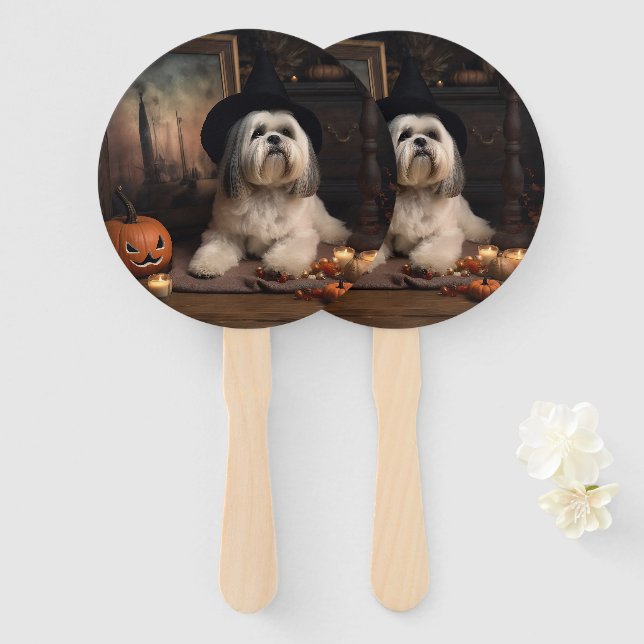 Abanico Lhasa Apso Pumpkins Halloween Scary (Anverso y reverso)