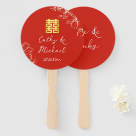 Abanico Línea moderna roja floral escritura china boda