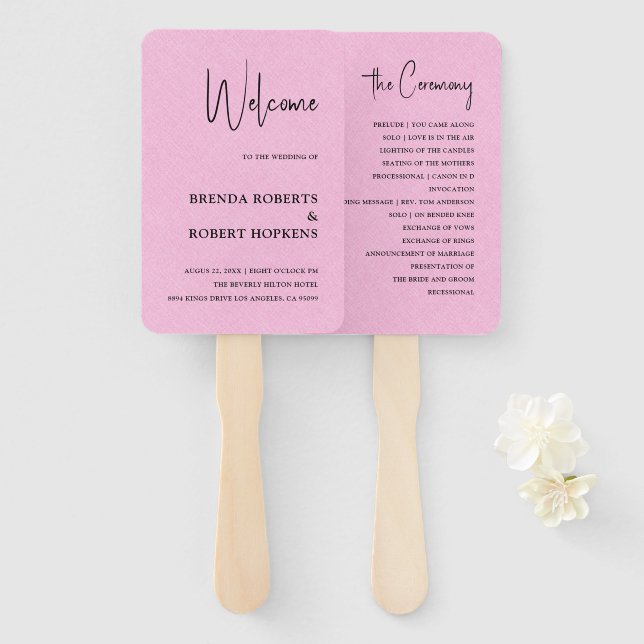 Abanico Lino rosado Simple Boda de escritura negra ventila (Anverso y reverso)