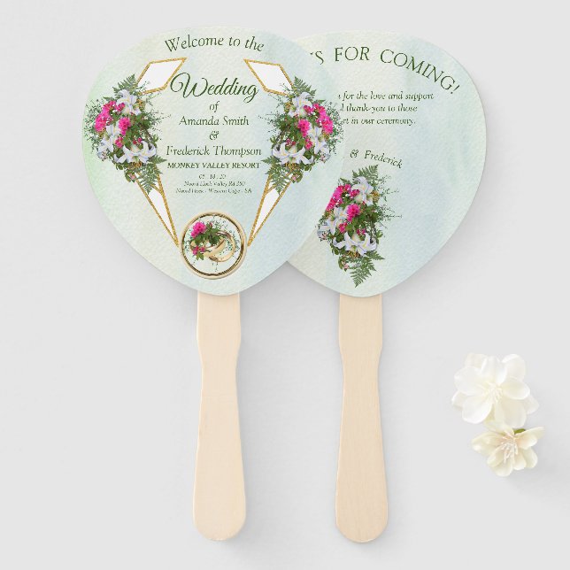 Abanico Lirios blancos de Amaryllis, helechos (Anverso y reverso)