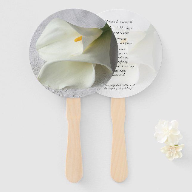 Abanico Lirios calla blancos sobre programa de lino (Anverso y reverso)