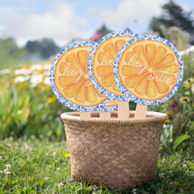 Abanico Little Cutie Citrus Naranja Azulejo Baby Shower (Little Cutie - Baby Shower Guest Favors Hand Fans)