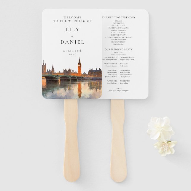 Abanico London Skyline Watercolor Wedding Program (Anverso y reverso)