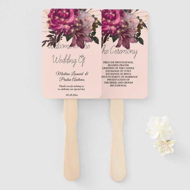 Abanico Luces de cadena Flores de Borgoña Boda ventilador  (Anverso y reverso)