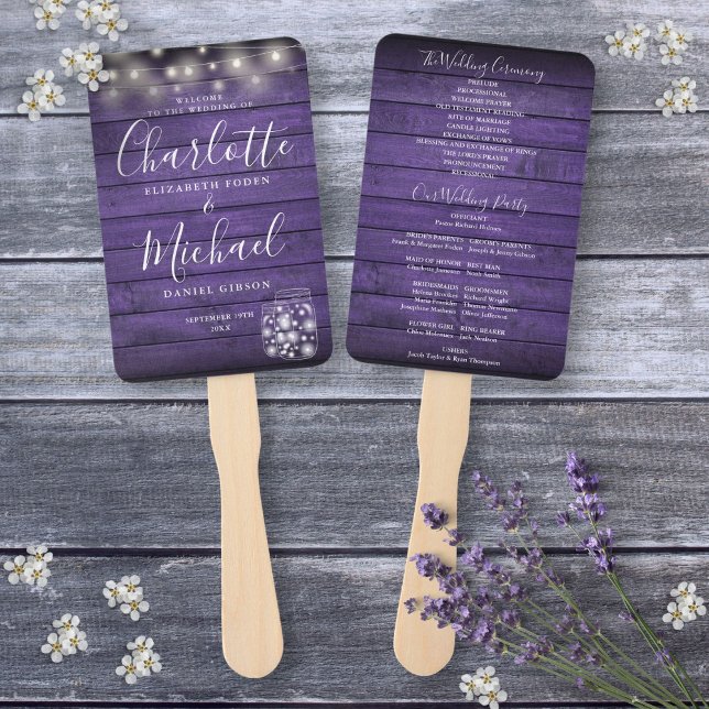 Abanico Luces de Cuerda de Madera Rústica Morada Programa  (Purple Rustic Wood String Lights Wedding Program Hand Fan)