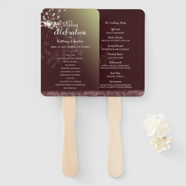 Abanico Magical Dandelions Burgundy Wedding Program (Anverso y reverso)