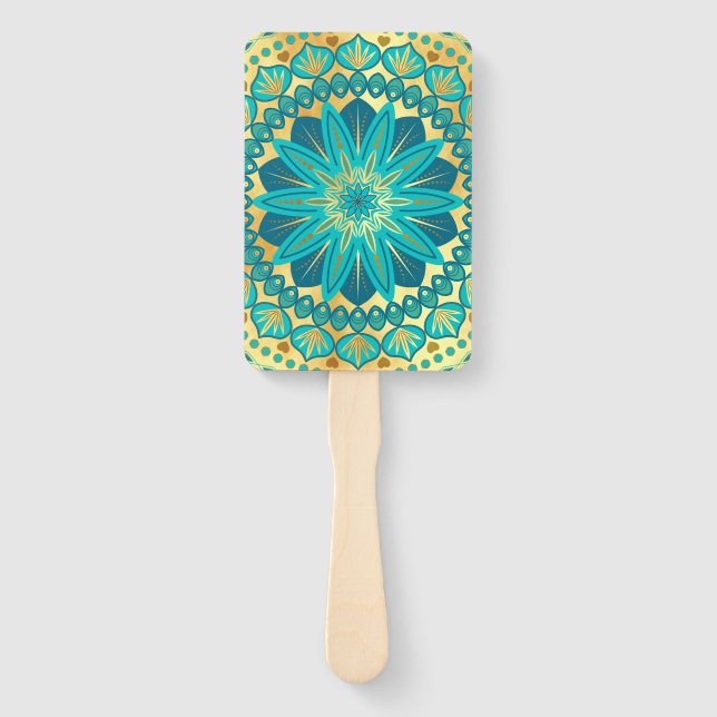Abanico Mandalas Flor de Oro Azul (Anverso)