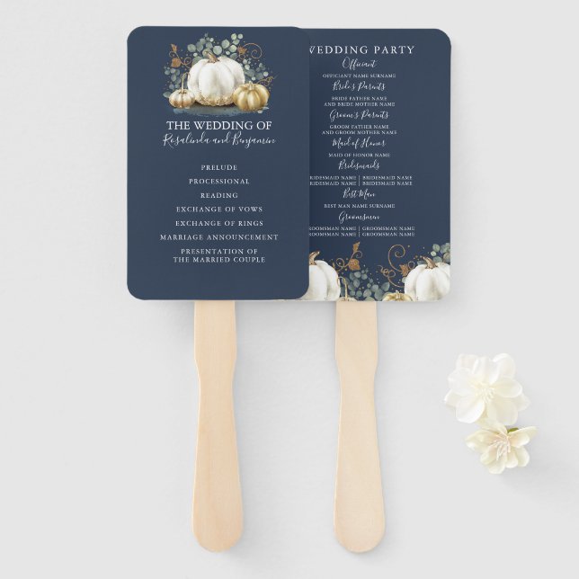 Abanico Mano del programa de bodas de otoño con calabazas  (Anverso y reverso)