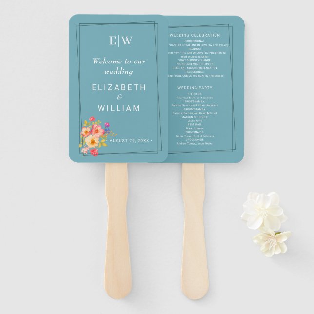 Abanico Marco con Rosas, estilo Boda sobre azul retro (Anverso y reverso)