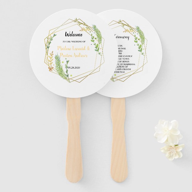 Abanico Marco geométrico moderno dorado Leaves Floral (Anverso y reverso)