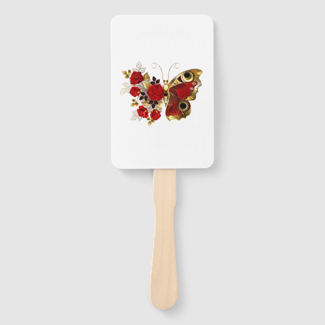 Abanico Mariposa de flor roja con rosas rojas (Anverso)