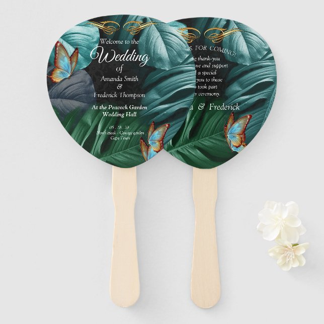 Abanico Mariposas de paraídas/salpicaduras de turquesa tro (Anverso y reverso)