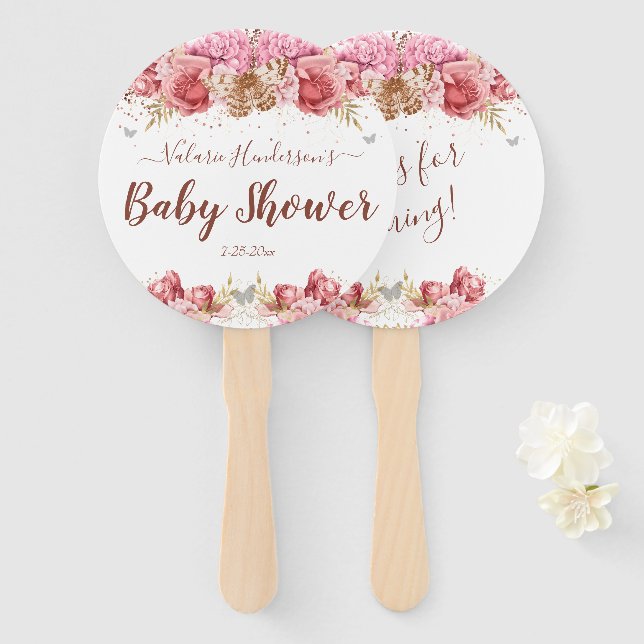 Abanico Mariposas florales Baby Shower rosa (Anverso y reverso)