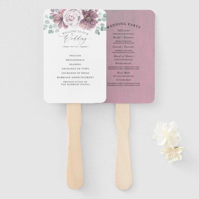 Abanico Mauve Floral Boda (Anverso y reverso)