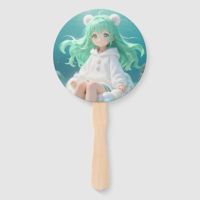 Abanico Menta Acuática: Chica Kawaii Submarina y Brillo Pe (Anverso)