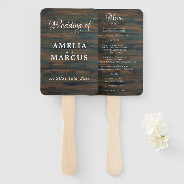 Abanico Menú Boda de guiones de madera oscura rustica (Anverso y reverso)