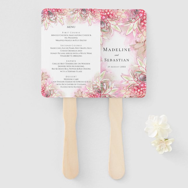 Abanico Menú de Boda Rosado de Piñas Rosadas Exóticas (Anverso y reverso)