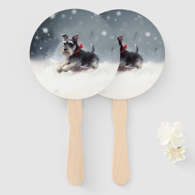 Abanico Miniatura Schnauzer Navidad nieve invierno (Anverso y reverso)