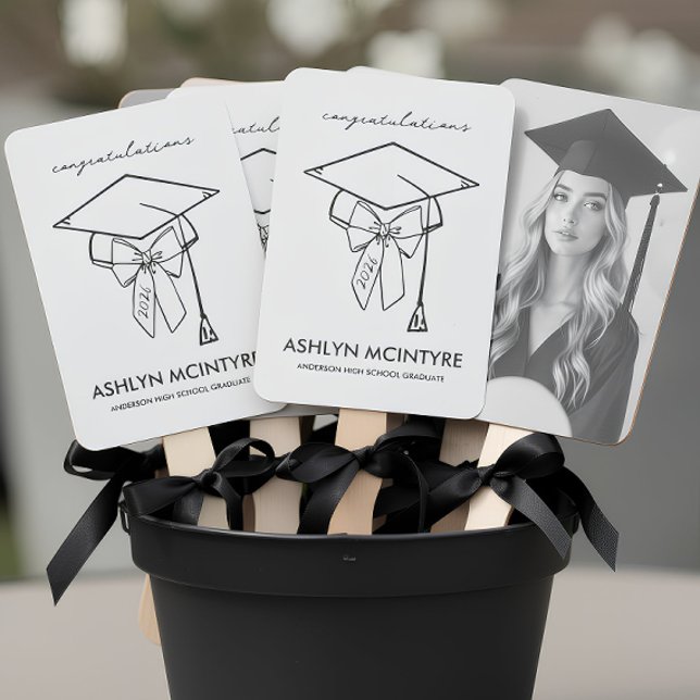 Abanico Minimalist Black & White Graduation Cap and Bow (Graduation Cap and Bow Hand Fans)