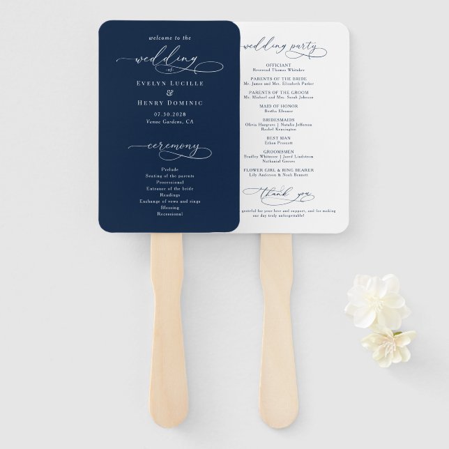 Abanico Minimalist Script Navy Blue Wedding Program (Anverso y reverso)