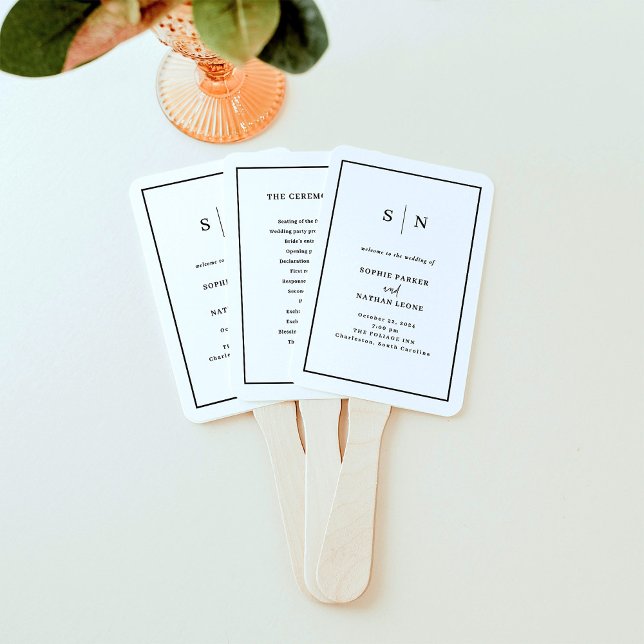 Abanico Mínimo y Moda | Boda de borde blanco y negro (Modern and minimalist wedding welcome program fans in black and white with your monogram)
