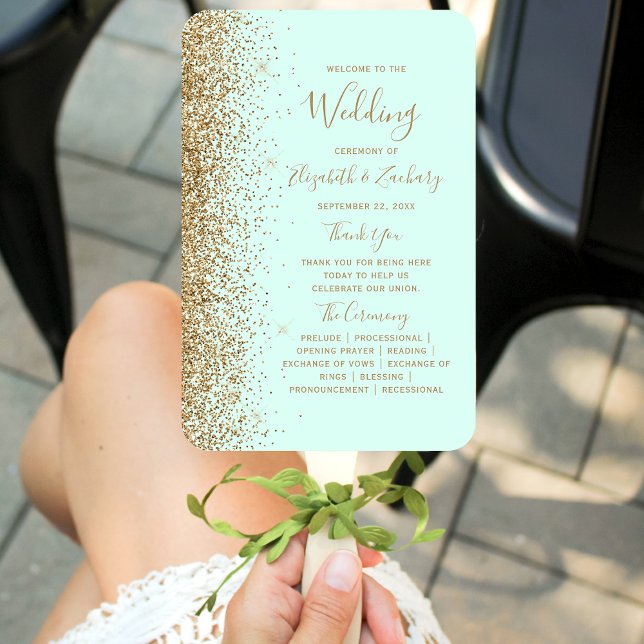 Abanico Mint Green Gold Glitter Wedding Program (Subido por el creador)