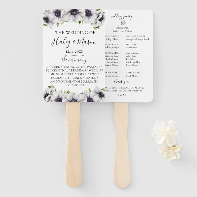 Abanico Moda Anemone Floral Wedding Program Hand Fan (Anverso y reverso)