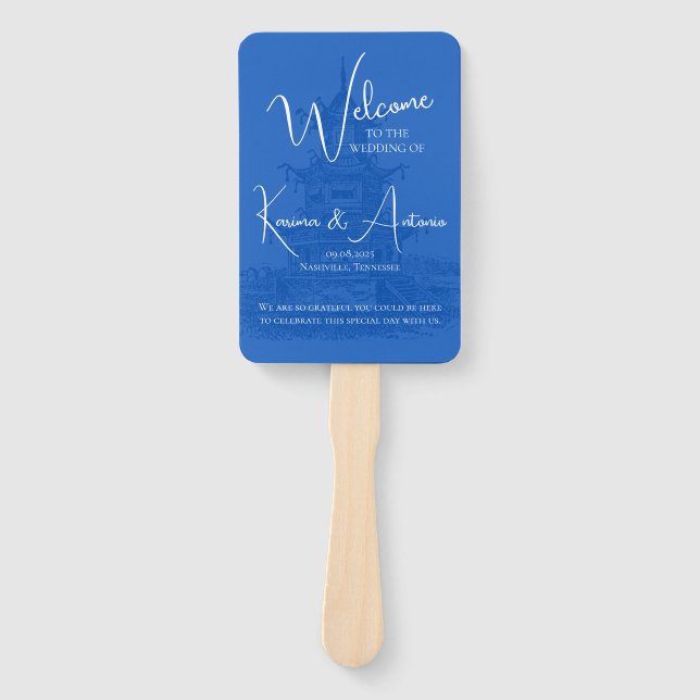 Abanico Moda Chinoiserie Pagoda Programa Boda Azul (Anverso)