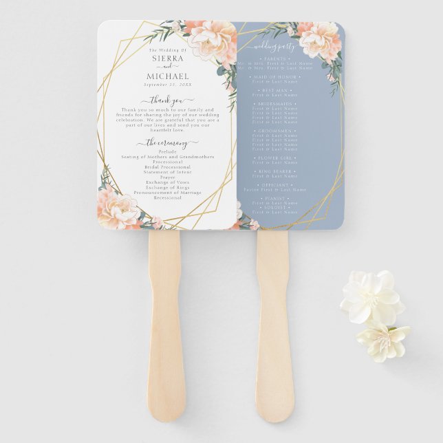 Abanico Moda Floral Rubor Gold Dusty Blue Wedding Program (Anverso y reverso)
