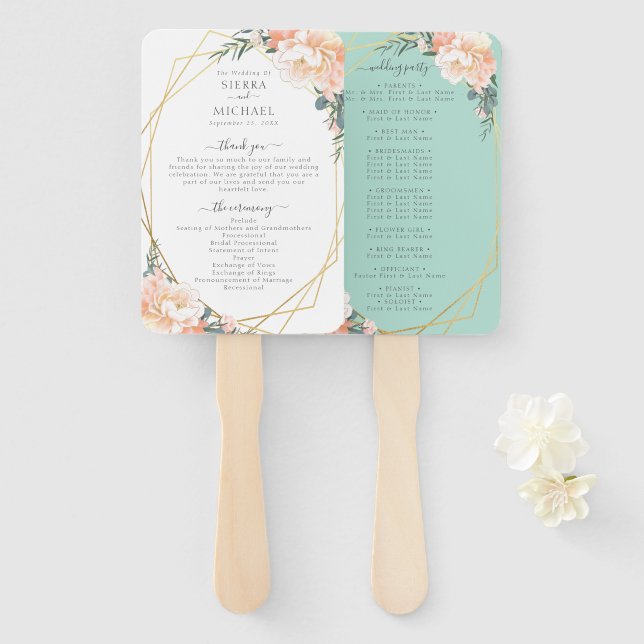 Abanico Moda Floral Rubor Gold Mint Green Wedding Program (Anverso y reverso)