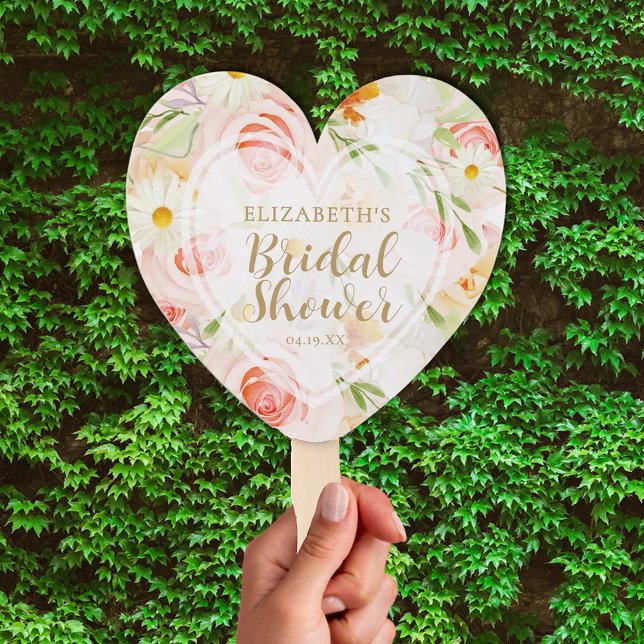 Abanico Moda Jardín Flores Ducha Bridal (Chic garden flowers bridal shower heart shaped hand fan, Assembled or non-assembled DIY)