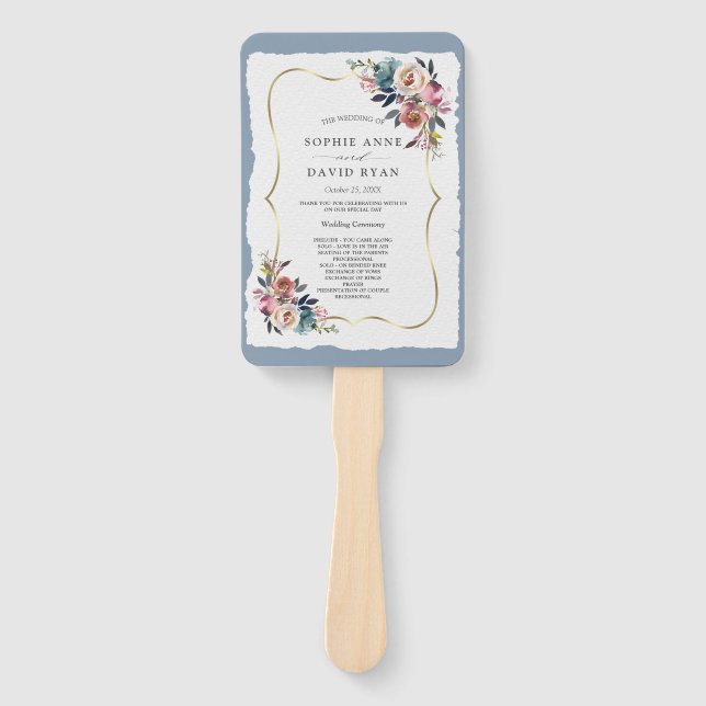 Abanico Moda Misty Rosa Dusty Blue Floral Wedding Program (Anverso)