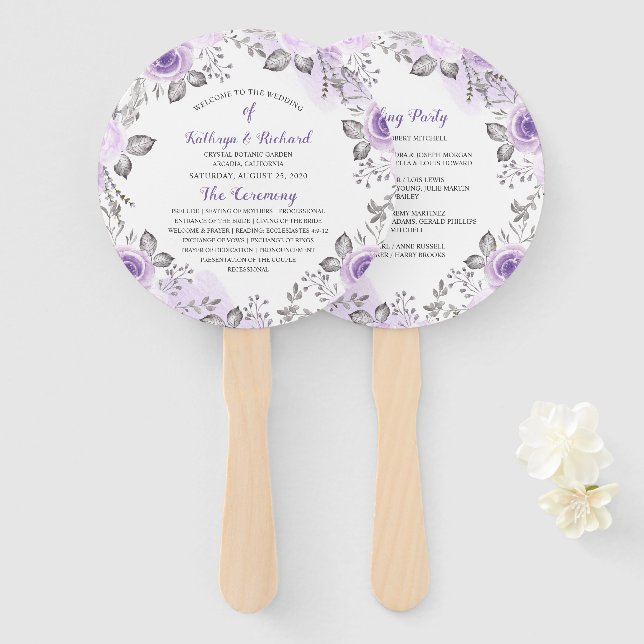 Abanico Moda Pastel Purple Floral Wedding Program Hand Fan (Anverso y reverso)