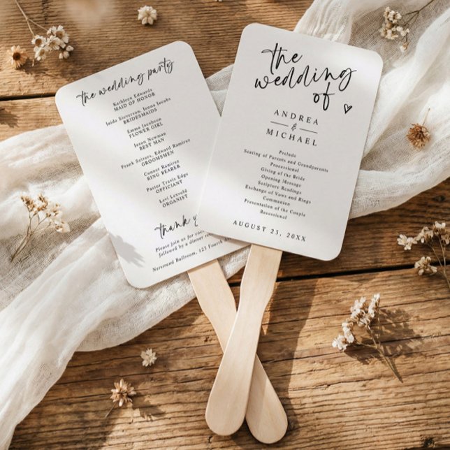Abanico Modern Handwriting Black & White Wedding Programs (Modern black and white wedding program fan with “the wedding of” in handwritten script)