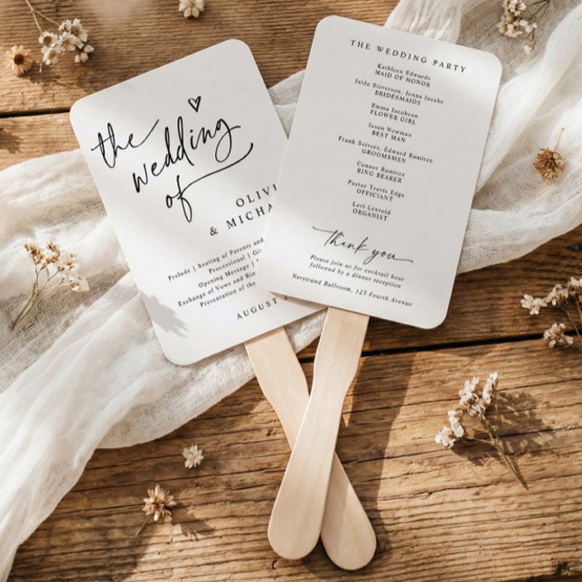 Abanico Modern Minimalist Heart Elegant Wedding Programs (Modern black and white wedding program fan with fun script, clean typography, and minimalist layout)
