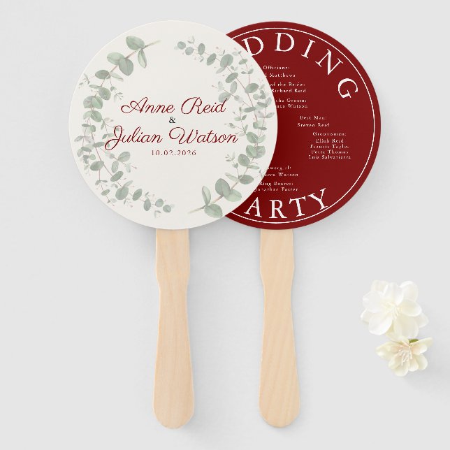Abanico Modern Red eucalyptus leaves Program Hand Fan (Anverso y reverso)