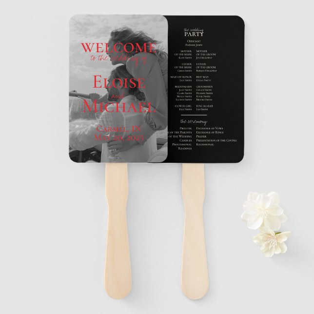 Abanico Modern Red Photo Wedding Program Fan (Anverso y reverso)