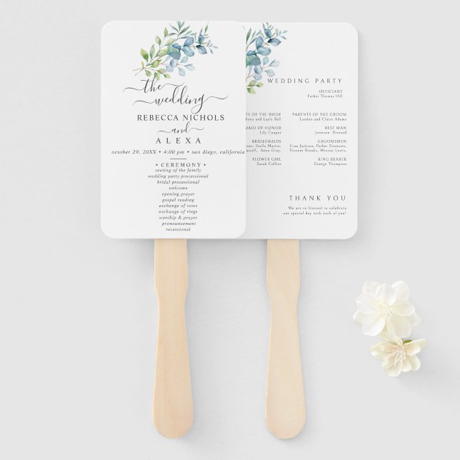 Abanico Modern Watercolor Eucalyptus Greenery Wedding (Anverso y reverso)