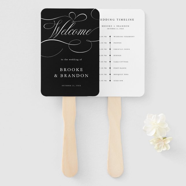 Abanico Moderna caligrafía boda atemporal negro Cronología (Anverso y reverso)