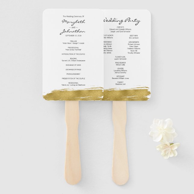 Abanico Moderno Faux Gold Brushstrot Wedding Program Fan (Anverso y reverso)