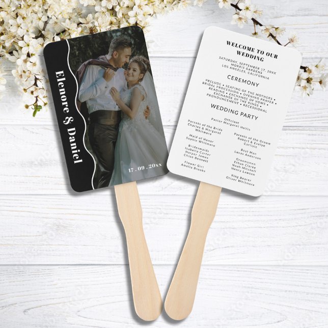 Abanico Moderno programa de casamiento de Wave Black Photo (Modern Side Wave Black White Photo Wedding Program Hand Fan)