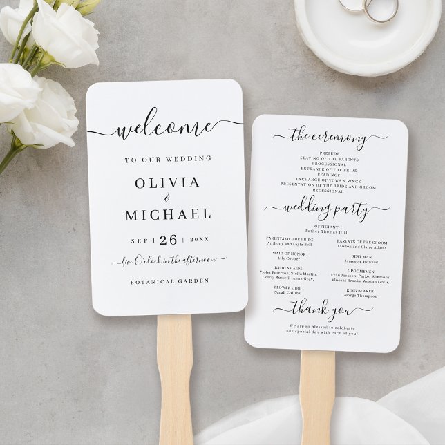 Abanico Moderno y elegante programa de boda de guiones (Modern simple elegant script wedding program hand fan)