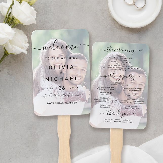 Abanico Moderno y elegante programa de boda de guiones (Modern simple elegant script photo wedding program hand fan)