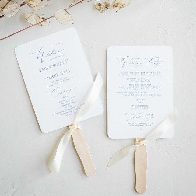 Abanico Moderno y elegante programa de Bodas Azules Dusty (dusty blue wedding fan program, classy minimalist dusty blue wedding fan, elegant script wedding)