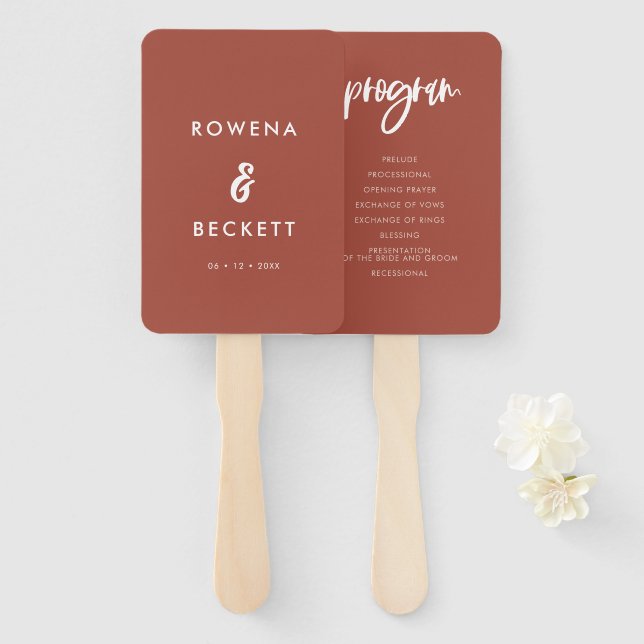 Abanico Moderno y elegante programa de bodas de ladrillo q (Anverso y reverso)