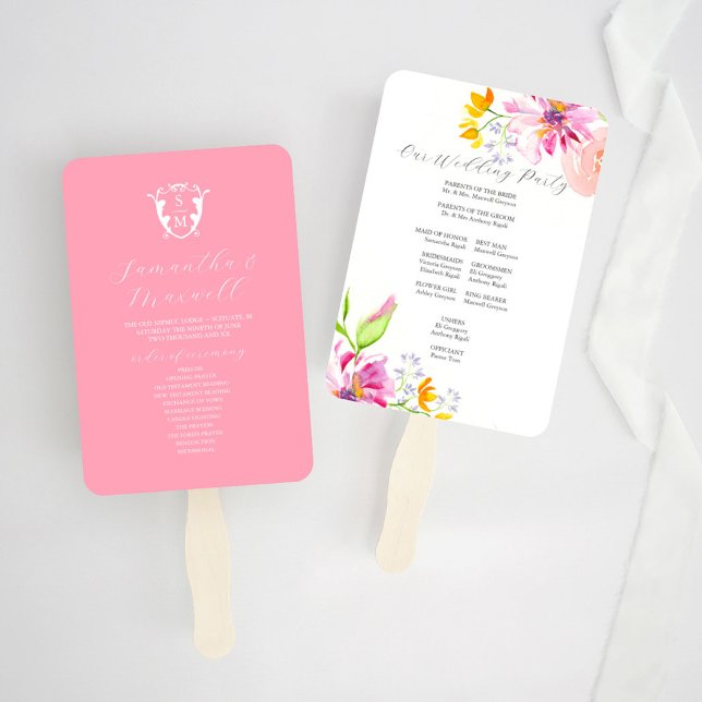 Abanico Monograma Floral de plantillas de ventilador del p (wedding program fan templates unique watercolor florals by Victoria Grigaliunas of Do Tell A Belle)