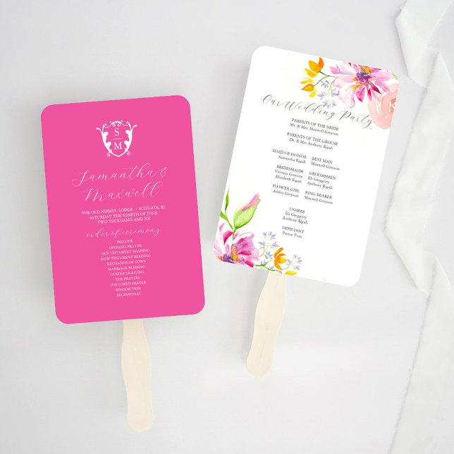Abanico Monograma Floral de plantillas de ventilador del p (Wedding program fan watercolor pink floral art and design by Victoria Grigaliunas of Do Tell A Belle)
