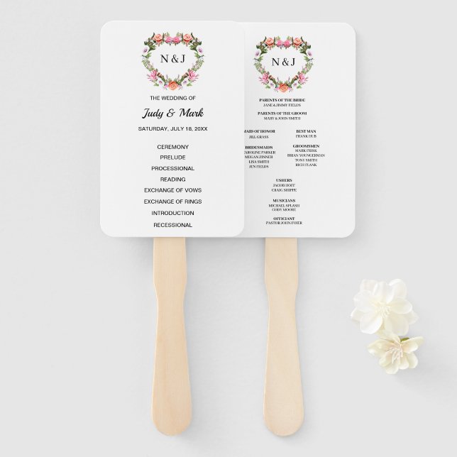 Abanico Monograma Rosas románticos Corazón Floral (Anverso y reverso)