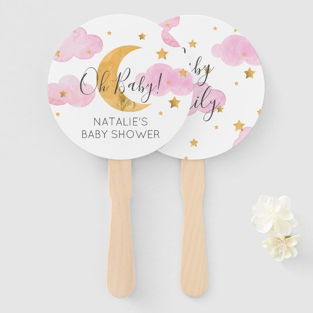 Abanico Moon & Stars Pink Baby Shower (Anverso y reverso)