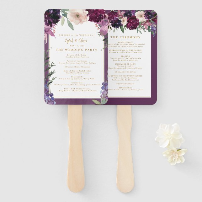 Abanico Morado Floral | Programa de matrimonio personaliza (Anverso y reverso)